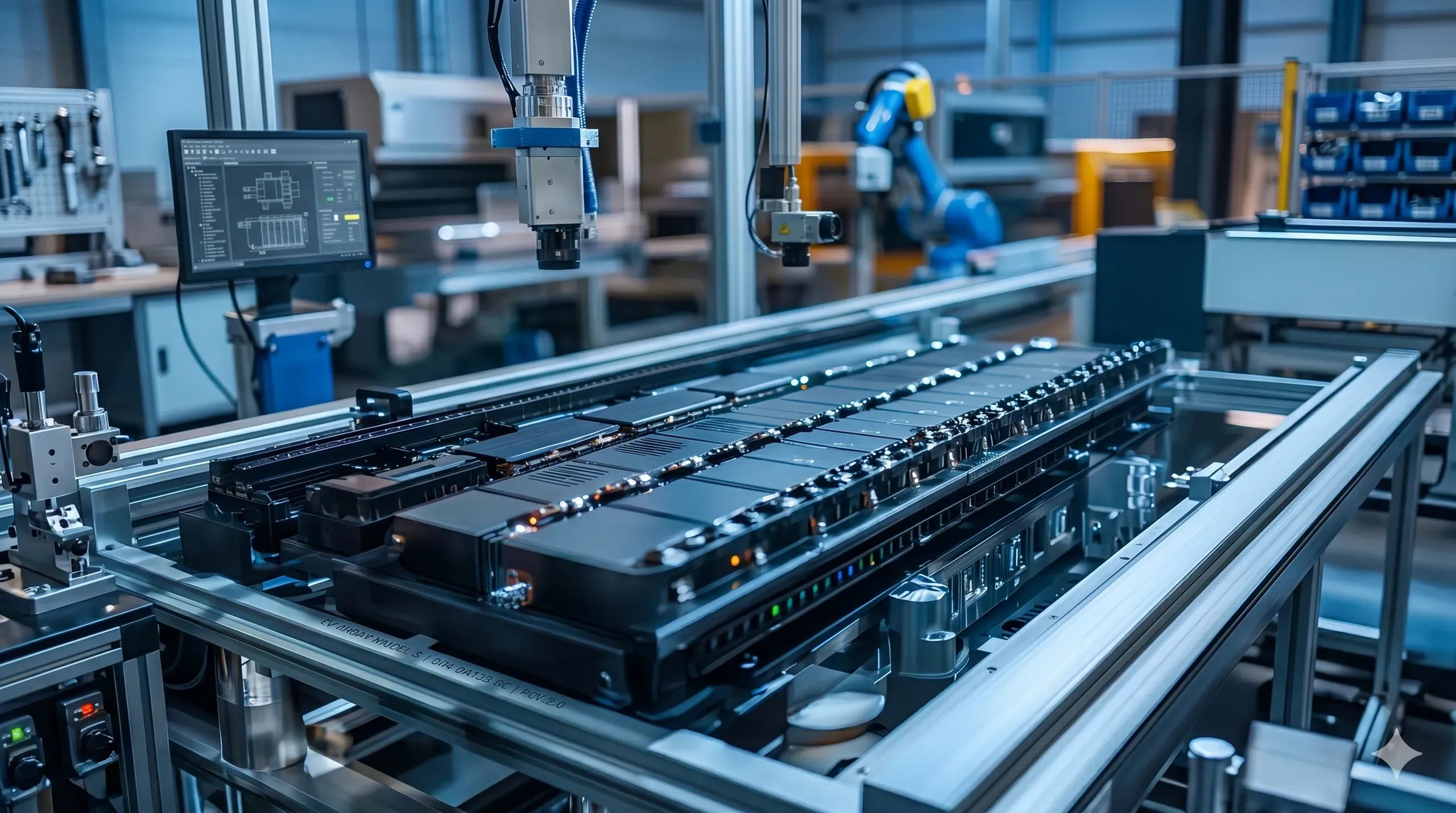An automated assembly line with robotic arms working along a row of battery packs