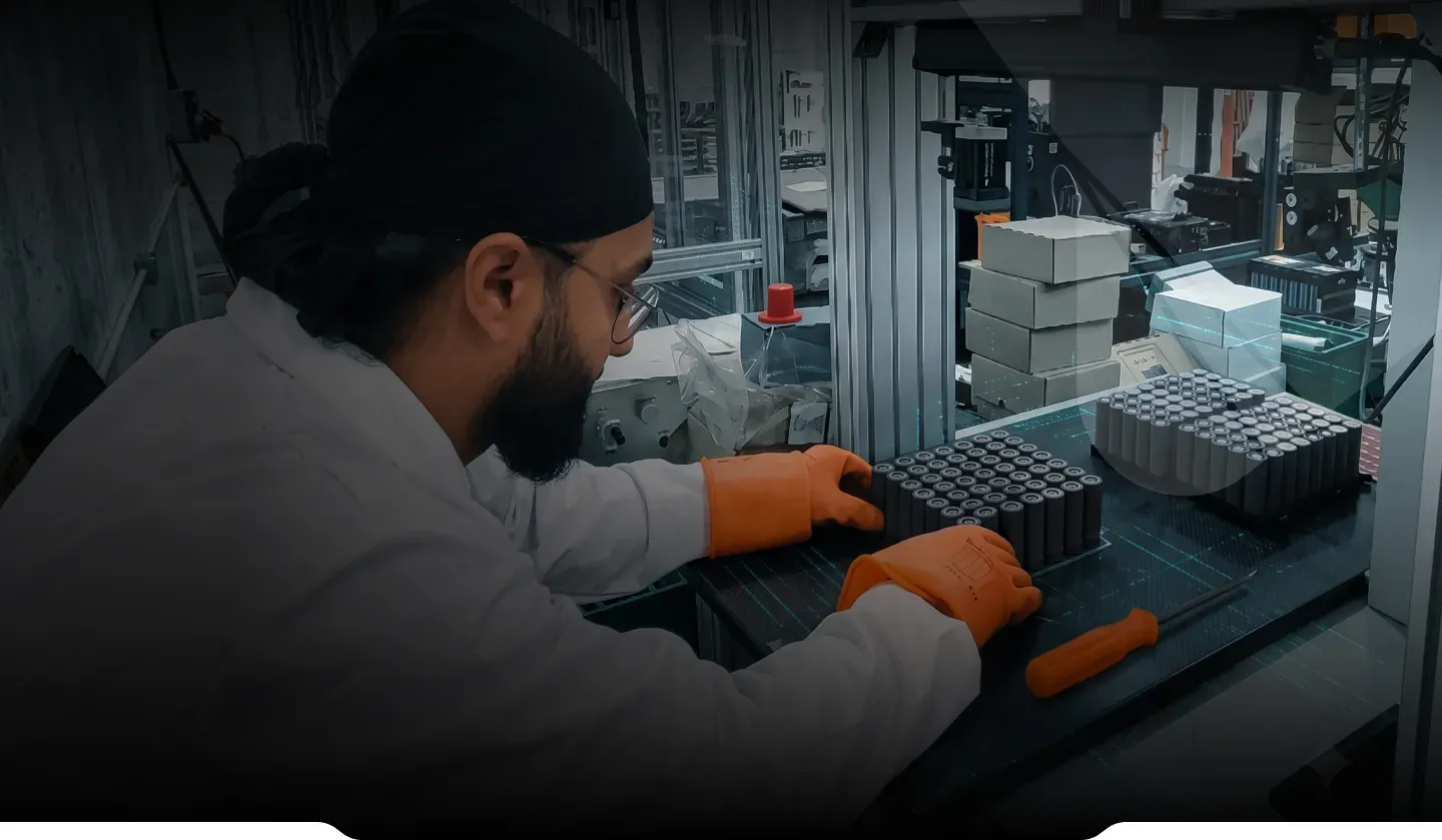 A technician in a lab coat handling trays of cylindrical battery cells
