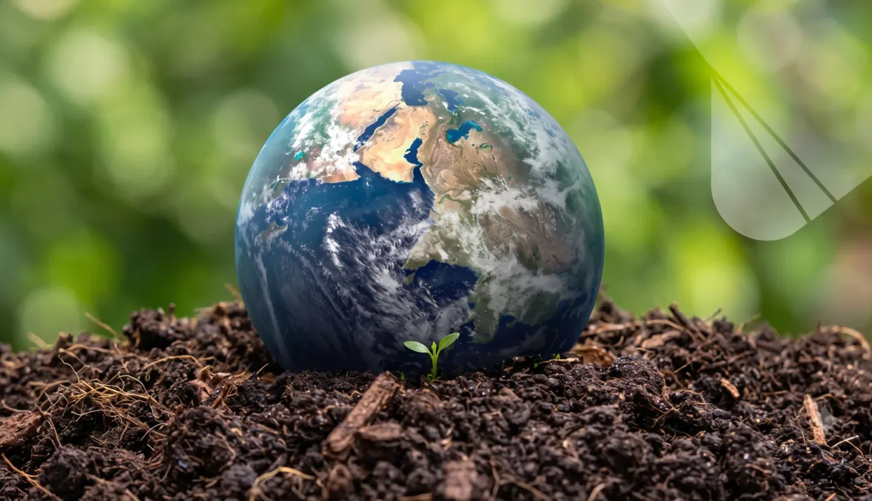 The Earth resting on dark soil, a seedling breaking through beside it