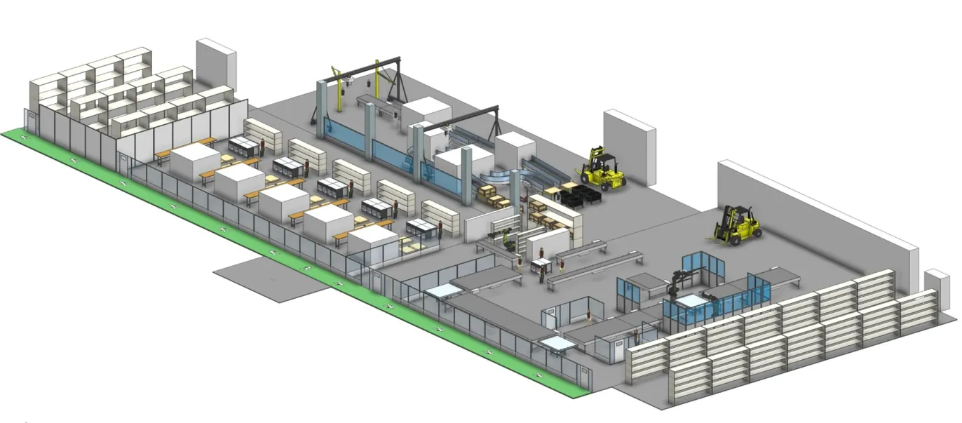 Isometric plan of the automated disassembly line: gated workstations along one side, gantries and conveyors through the centre, and racking and forklifts at the dispatch end