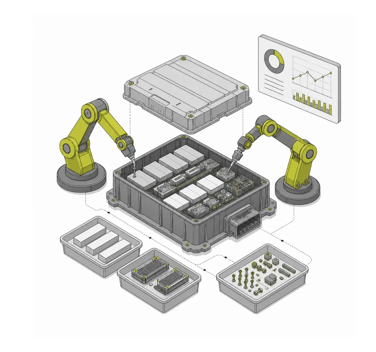 Isometric render of robots automating the battery pack disassembly line