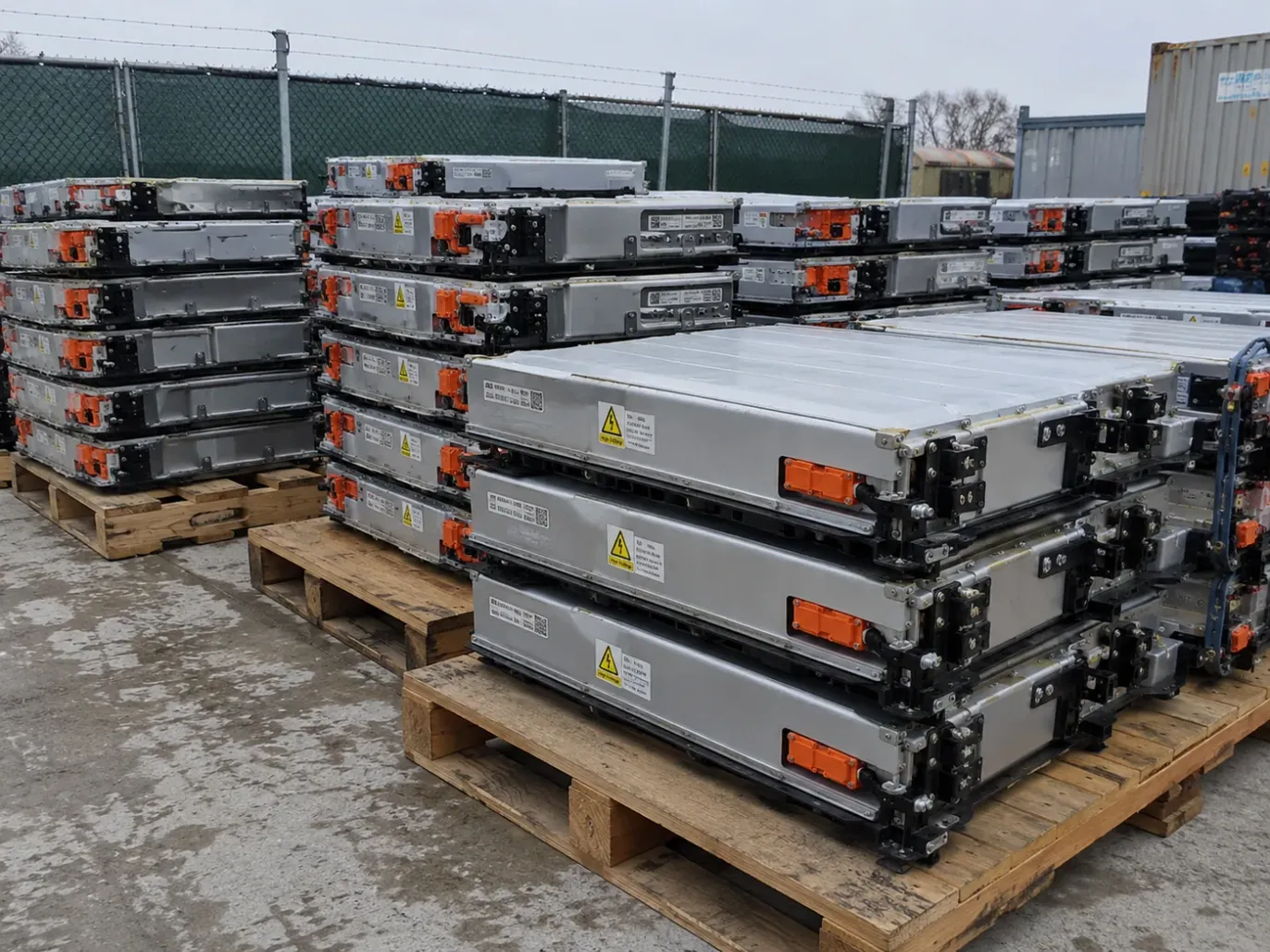 High-voltage EV battery packs stacked on wooden pallets in an outdoor storage yard