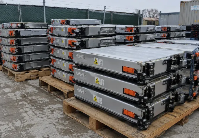 High-voltage EV battery packs stacked on wooden pallets in an outdoor storage yard