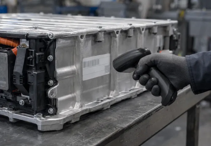 A gloved hand holding a handheld scanner to a data label on the casing of a high-voltage battery pack