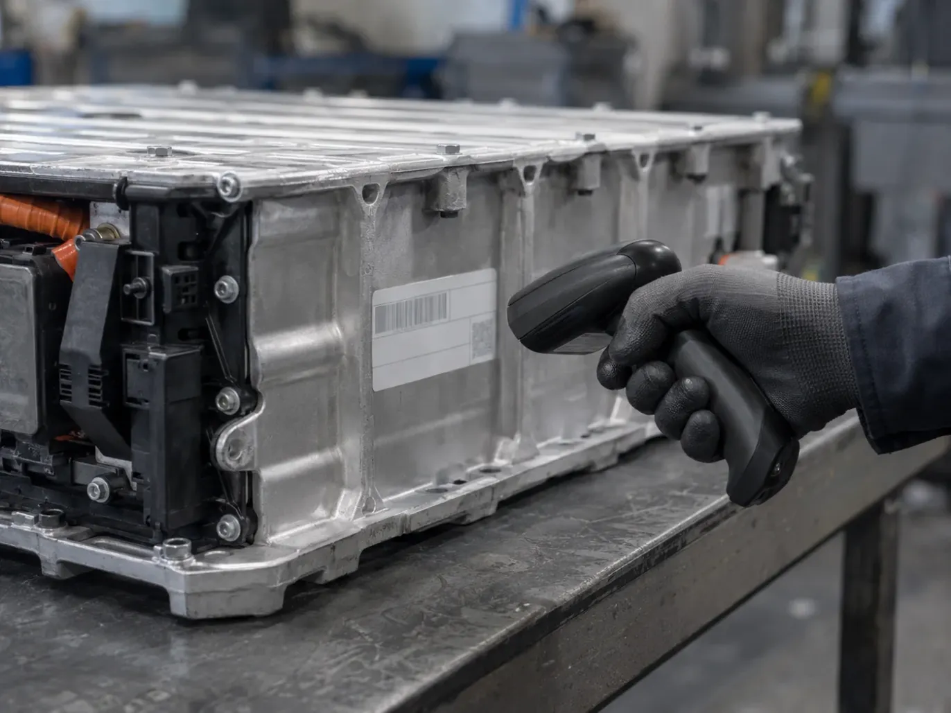 A gloved hand holding a handheld scanner to a data label on the casing of a high-voltage battery pack