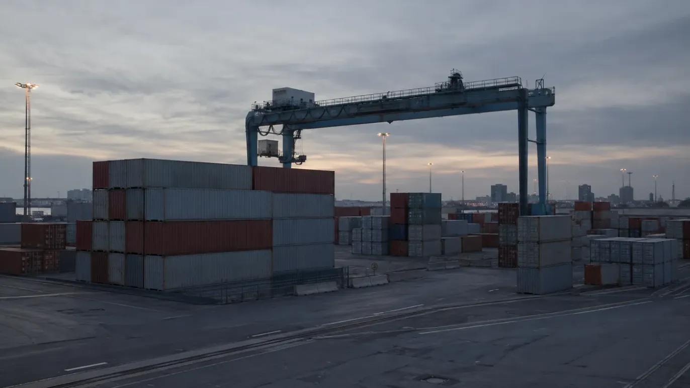Stacked shipping containers and a gantry crane at a container terminal at dusk
