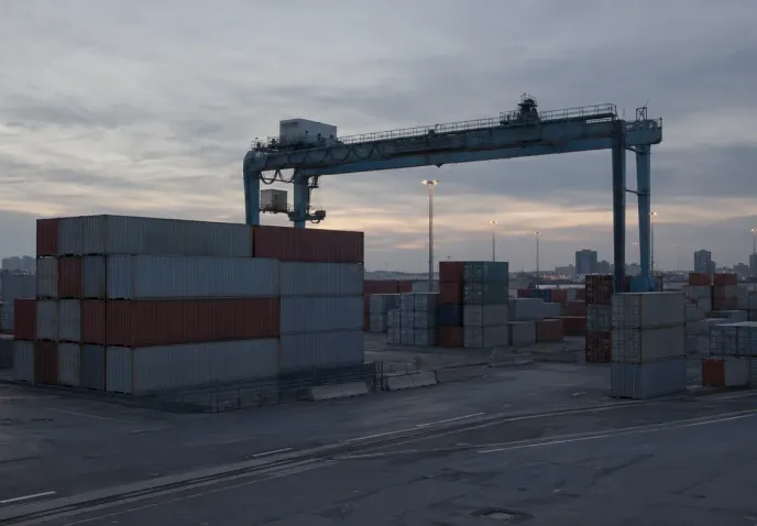 Stacked shipping containers and a gantry crane at a container terminal at dusk