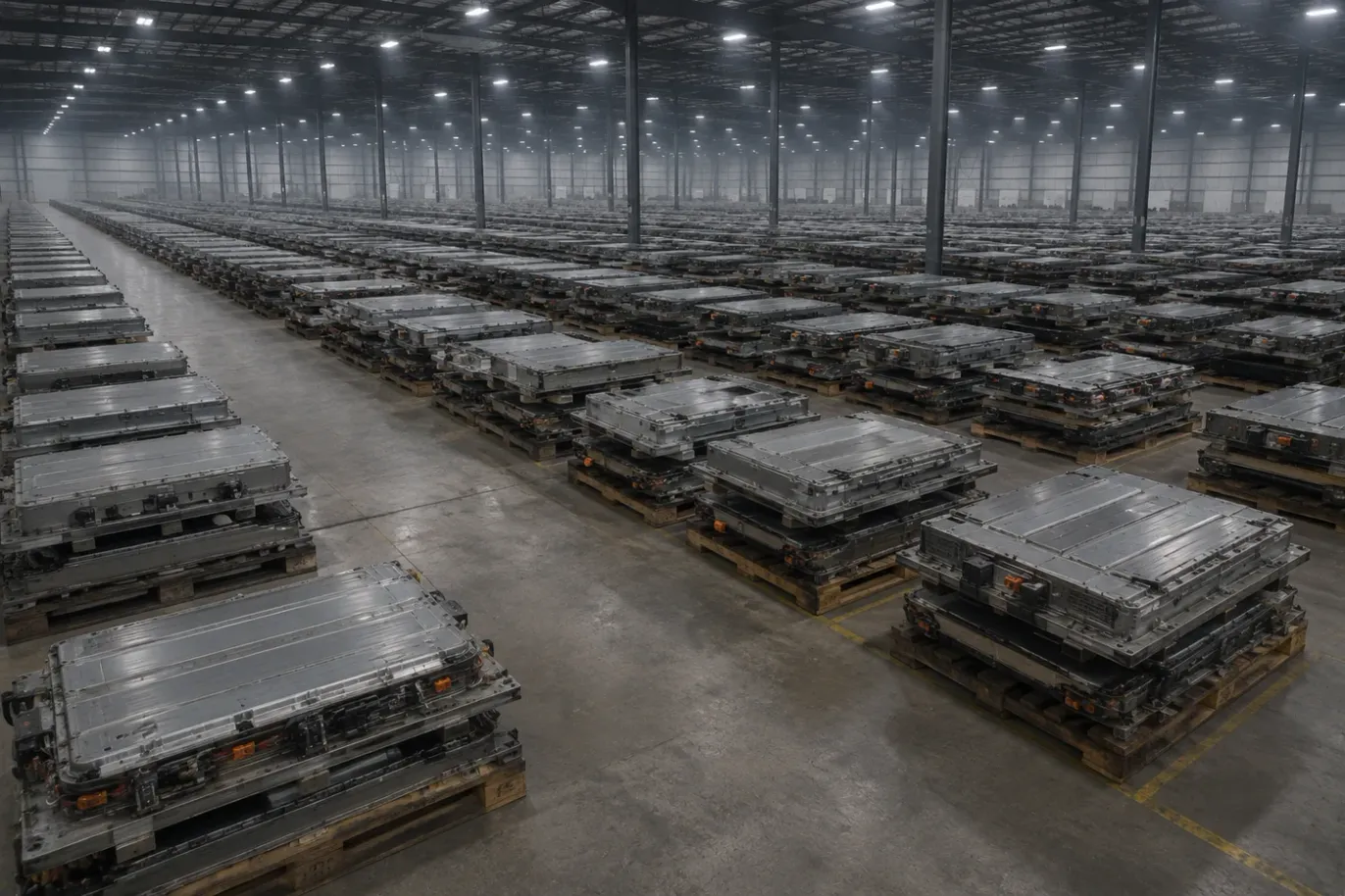 Pallets of high-voltage EV battery packs stacked in long rows receding into the distance inside a large warehouse