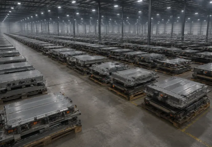 Pallets of high-voltage EV battery packs stacked in long rows receding into the distance inside a large warehouse