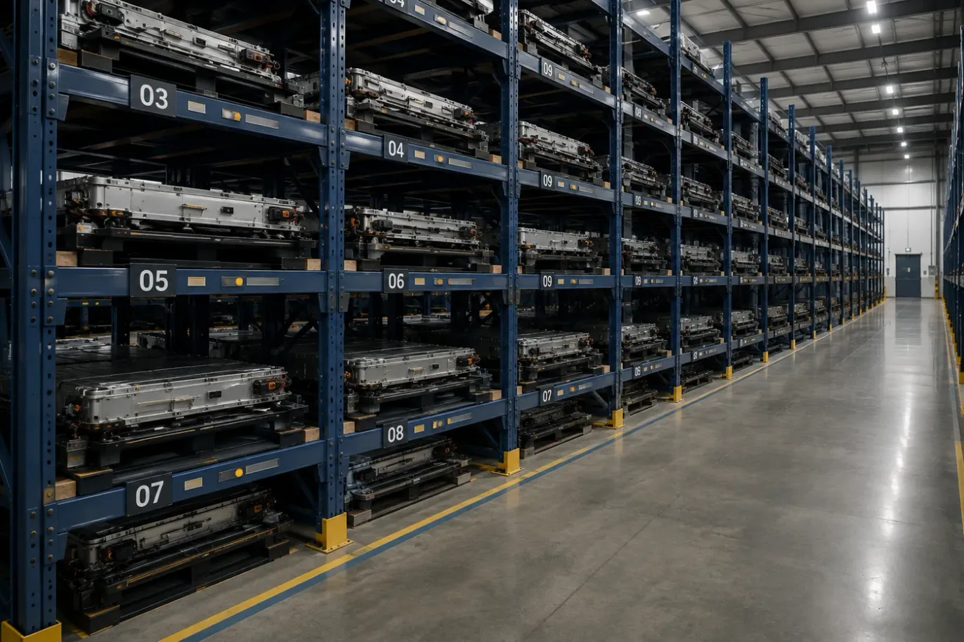 EV battery packs held on numbered bays in an industrial racking system, along a clean warehouse aisle
