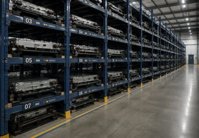EV battery packs held on numbered bays in an industrial racking system, along a clean warehouse aisle