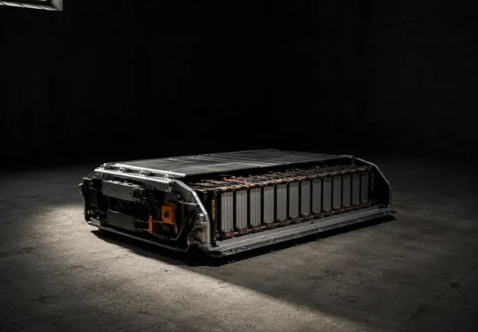 A single EV battery pack on a bare concrete floor, its cell stack exposed, lit by one shaft of daylight