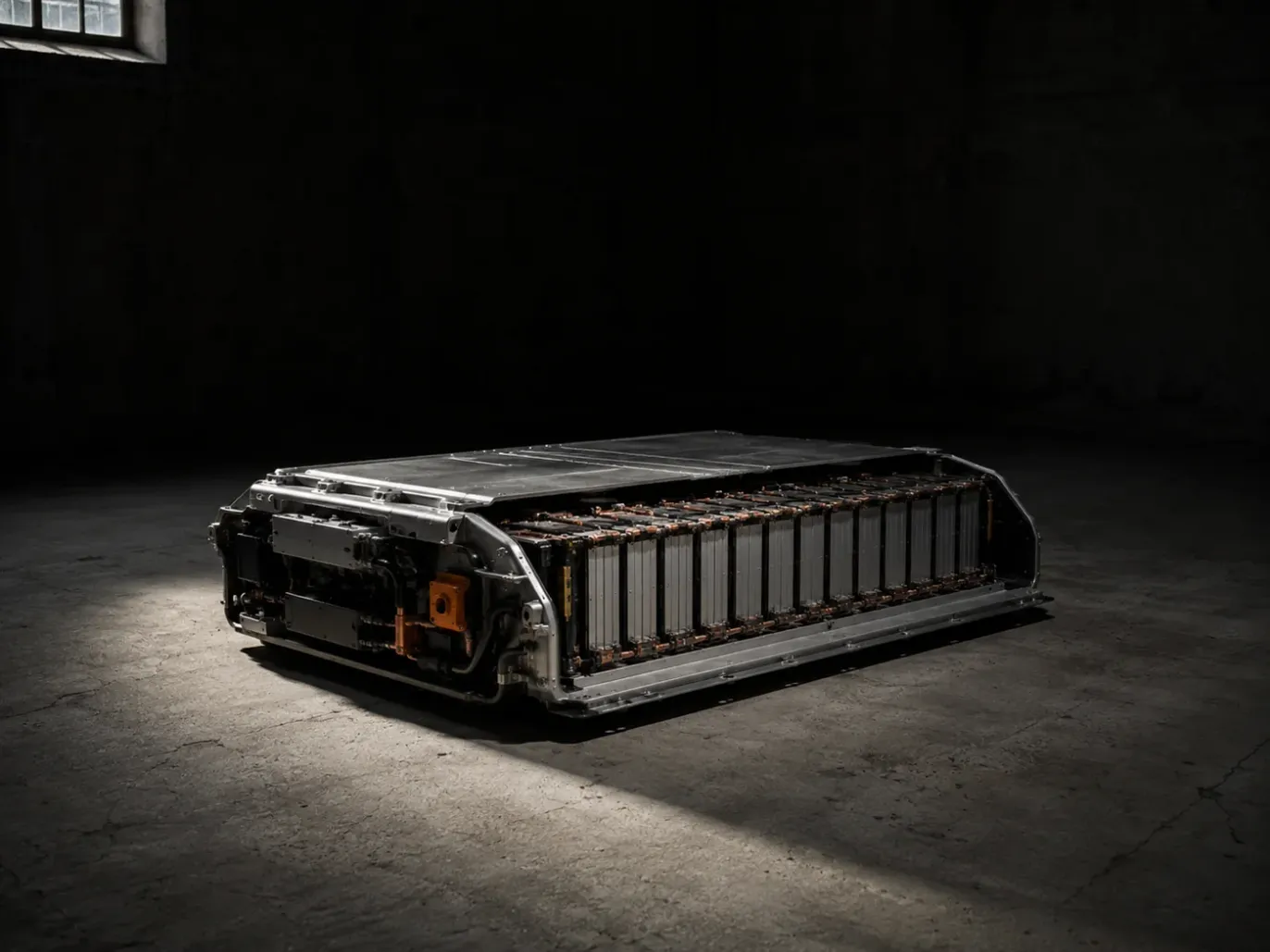 A single EV battery pack on a bare concrete floor, its cell stack exposed, lit by one shaft of daylight