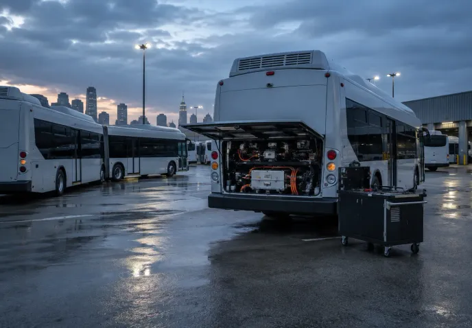 Electric city buses parked in a depot at dawn, one with its rear engine-bay panel open and a maintenance trolley beside it