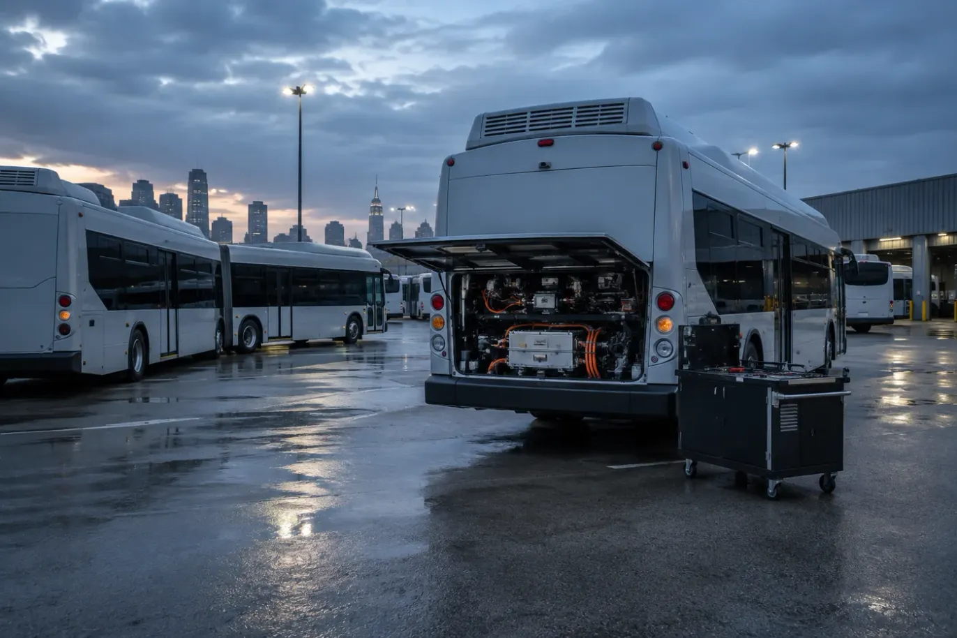 Electric city buses parked in a depot at dawn, one with its rear engine-bay panel open and a maintenance trolley beside it