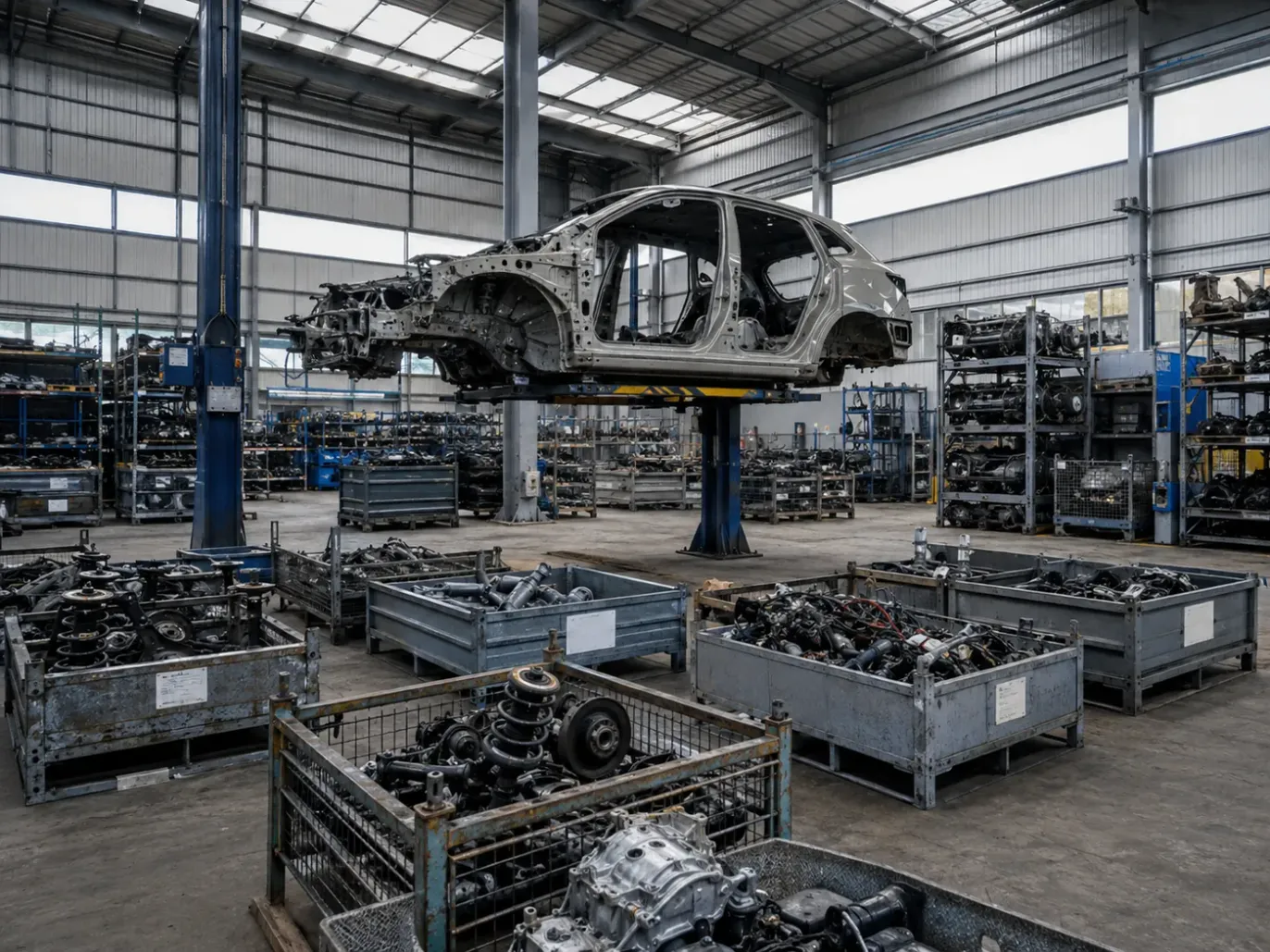 A stripped car body shell raised on a two-post lift in a dismantling hall, with removed parts sorted into steel stillages