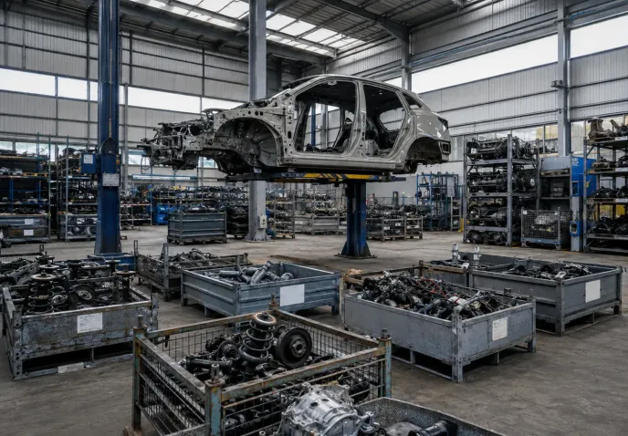 A stripped car body shell raised on a two-post lift in a dismantling hall, with removed parts sorted into steel stillages