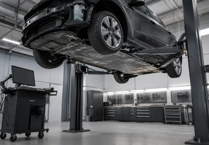 A damaged electric car raised on a two-post workshop lift, its underfloor battery casing exposed, with a diagnostic trolley alongside