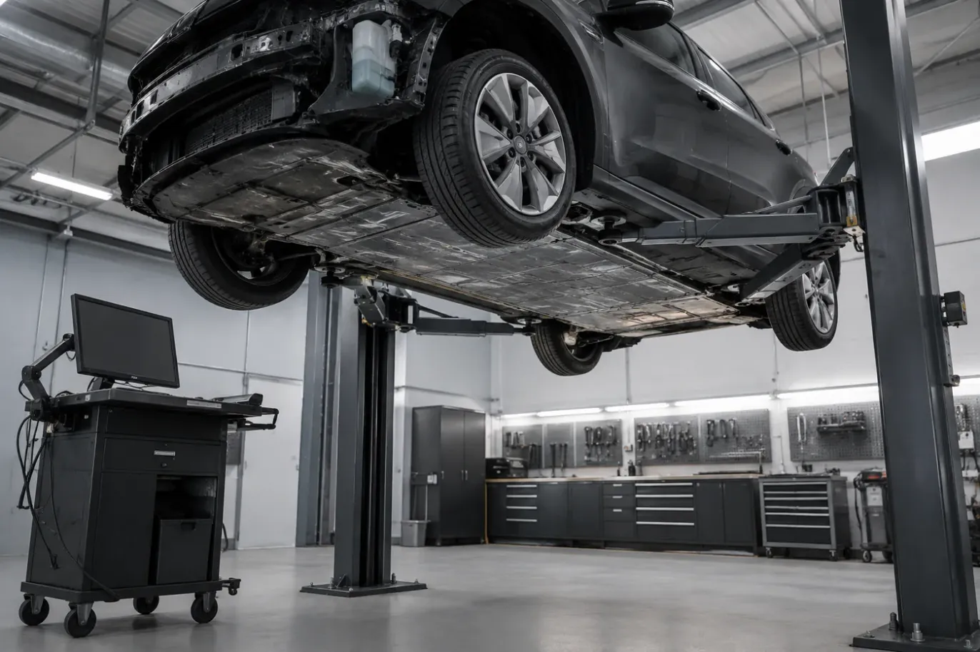 A damaged electric car raised on a two-post workshop lift, its underfloor battery casing exposed, with a diagnostic trolley alongside