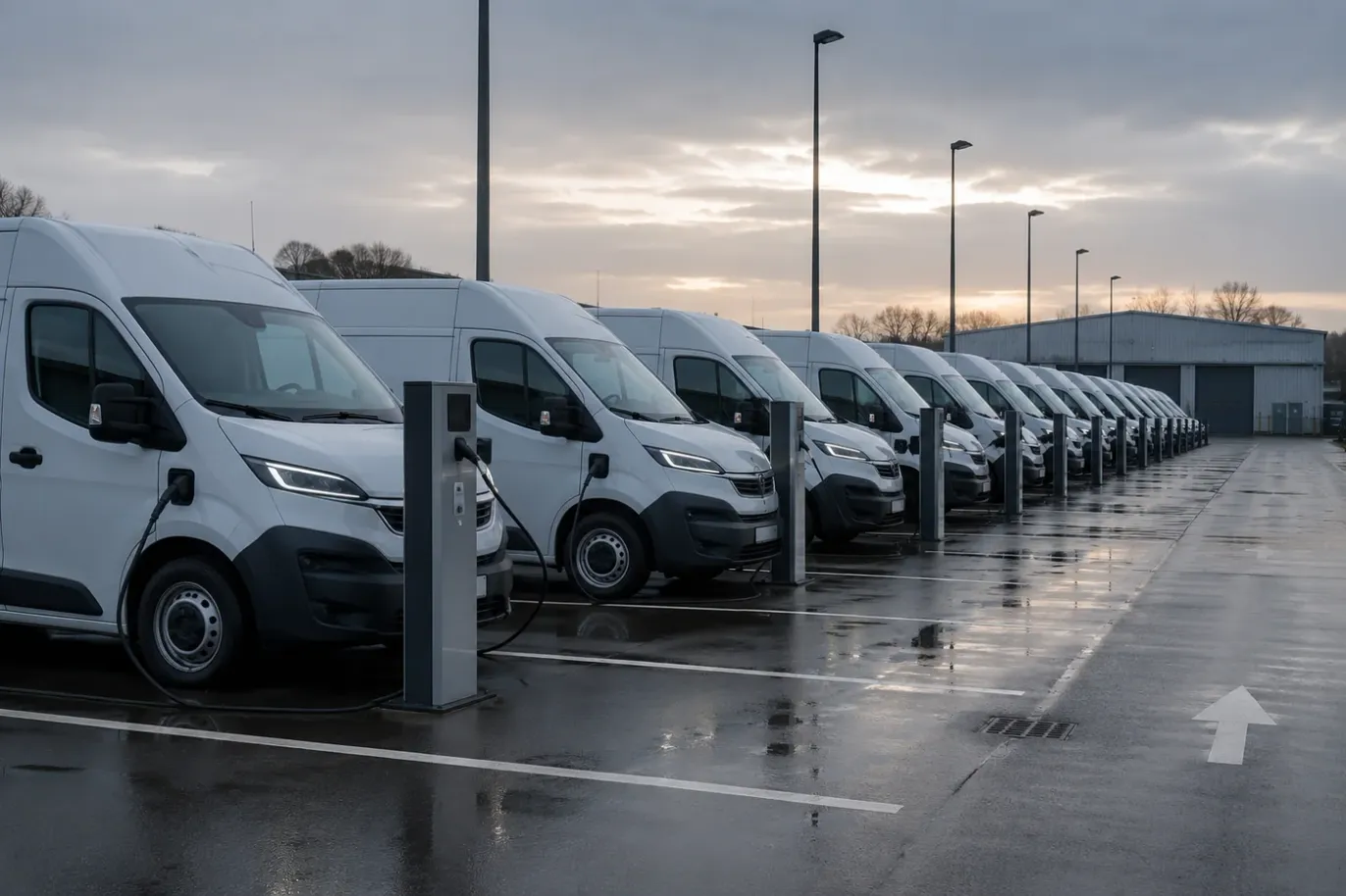 A row of electric vans parked on marked bays at a fleet depot, plugged into charging posts on wet tarmac at first light