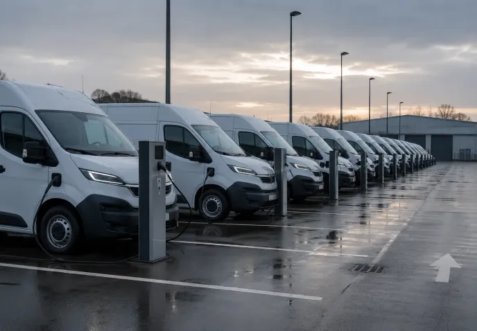 A row of electric vans parked on marked bays at a fleet depot, plugged into charging posts on wet tarmac at first light