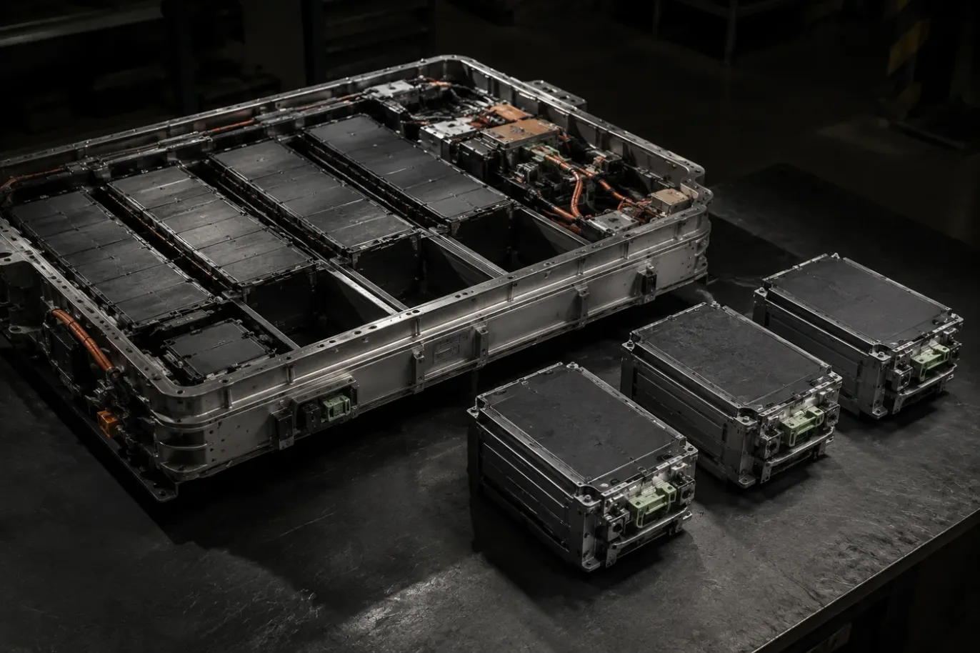 An EV battery pack opened on a workbench with three modules lifted clear and set beside it, the empty bays visible in the casing