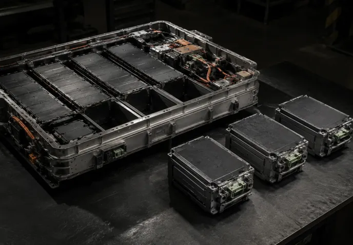 An EV battery pack opened on a workbench with three modules lifted clear and set beside it, the empty bays visible in the casing