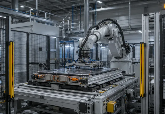 A robot arm positioned over a high-voltage battery pack on a conveyor inside a fenced automation cell, with light curtains at the opening