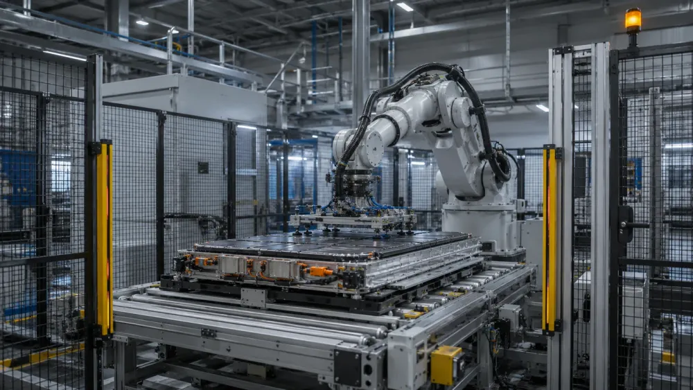 A robot arm lifting the lid from an EV battery pack on the conveyor, inside the line’s caged safety enclosure