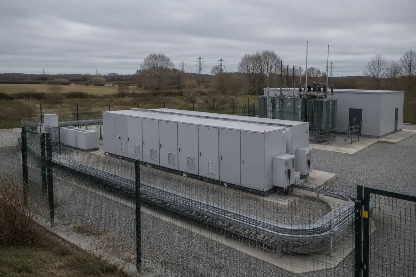 A battery energy storage installation in a fenced compound, with a transformer and pylons on the horizon behind