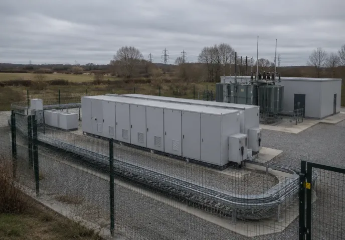 A battery energy storage installation in a fenced compound, with a transformer and pylons on the horizon behind