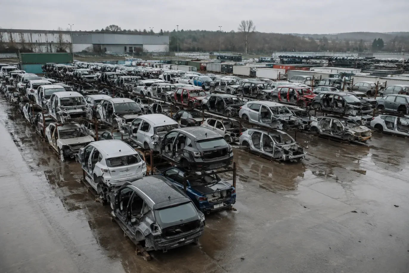 Rows of stripped end-of-life car shells racked two high across a wet storage yard, seen from above