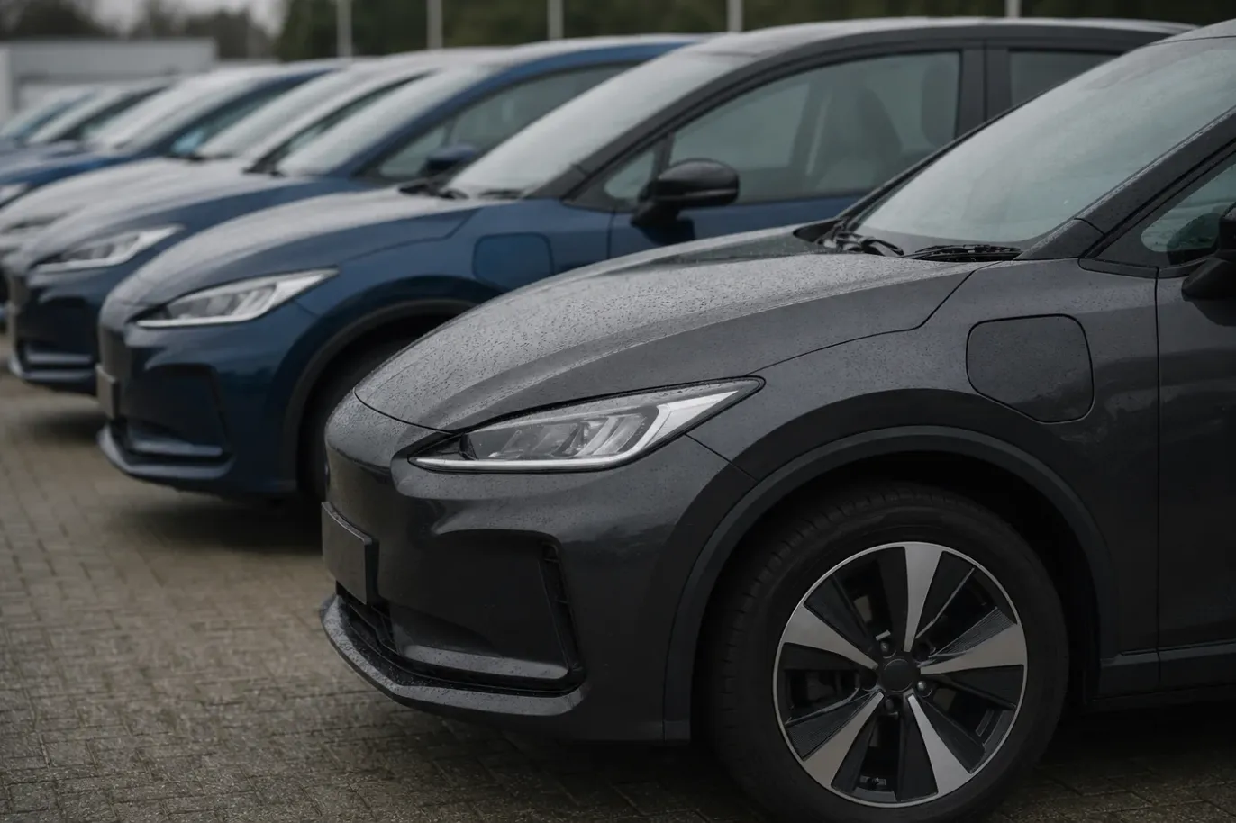 A row of used electric cars parked on a forecourt, seen at a low angle down the line