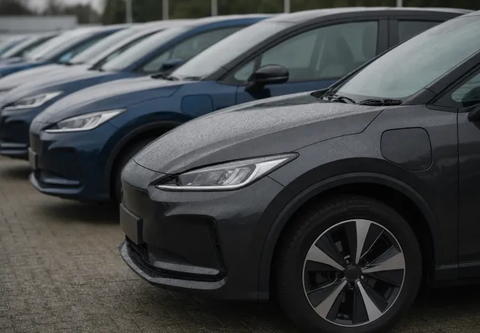 A row of used electric cars parked on a forecourt, seen at a low angle down the line