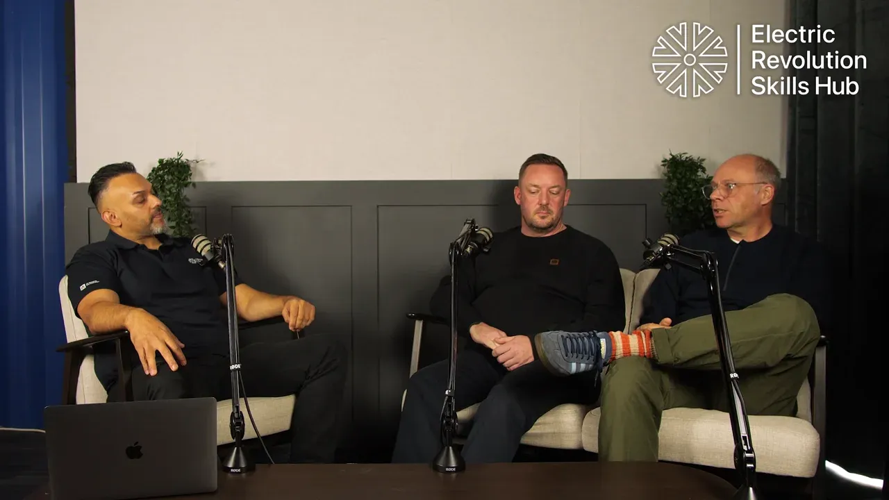 Deepak Farmah in conversation with Tony Booth and Will Grocott in the Electric Revolution Skills Hub studio