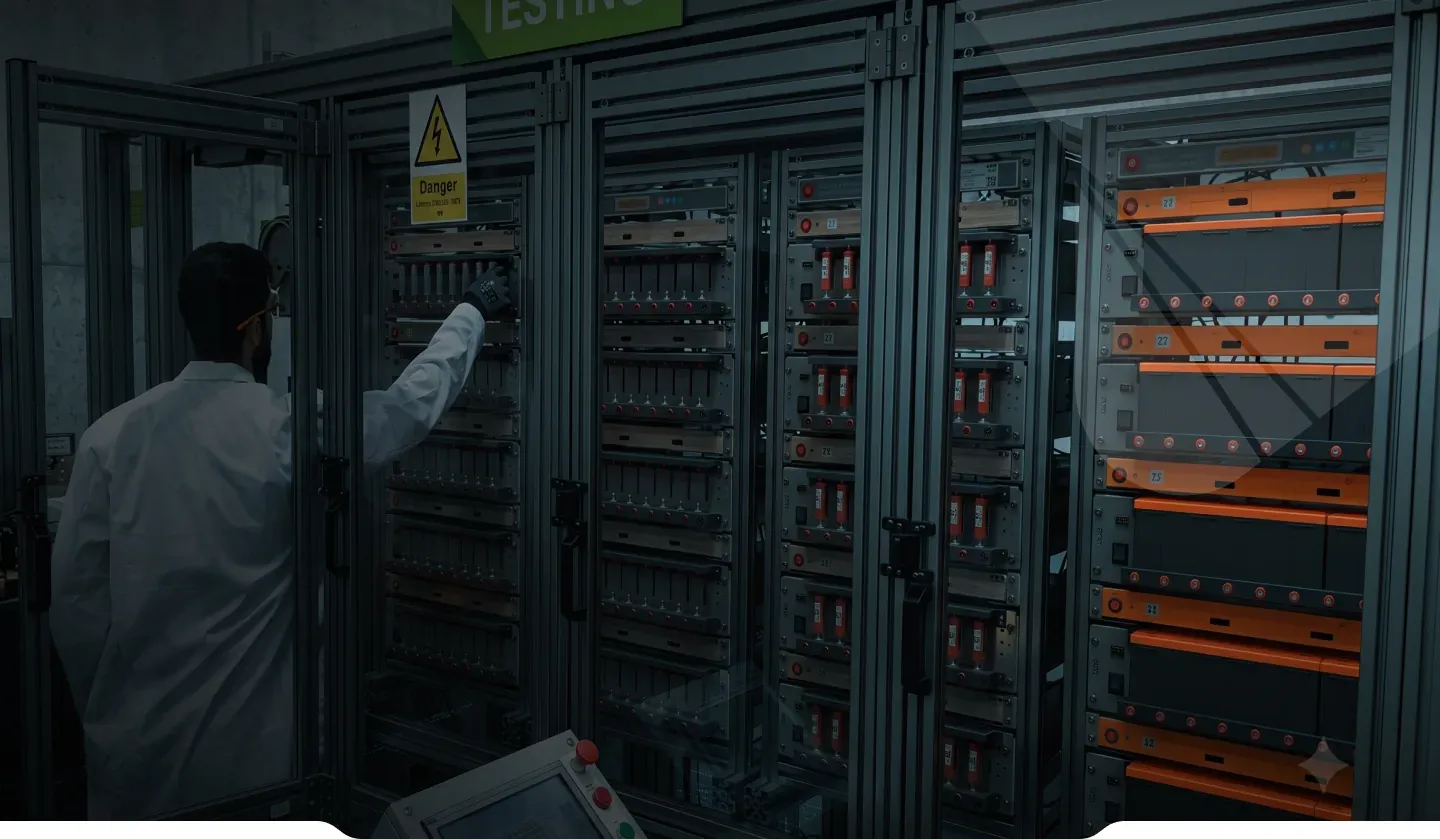 A technician working at a floor-to-ceiling rack of battery storage units