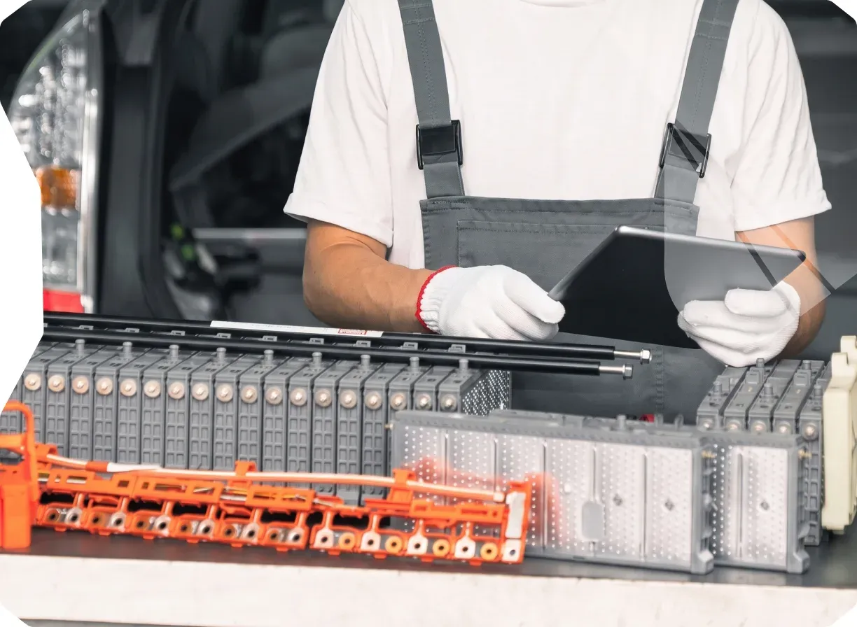 A technician recording data from a disassembled battery pack on a tablet