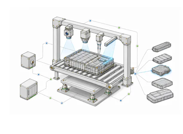 Cutaway diagram of the assessment gantry: cameras and sensors scanning a battery pack on a roller conveyor, with callouts to the control cabinets and the pack families it classifies