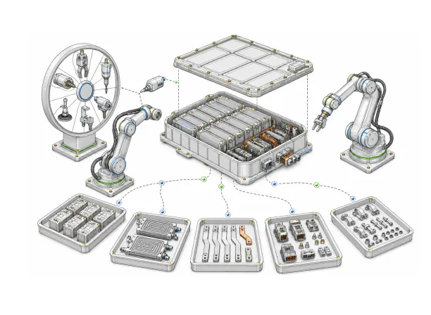 Diagram of two robot arms working either side of an opened battery pack, with a carousel of interchangeable end-effectors and trays of the harvested components below