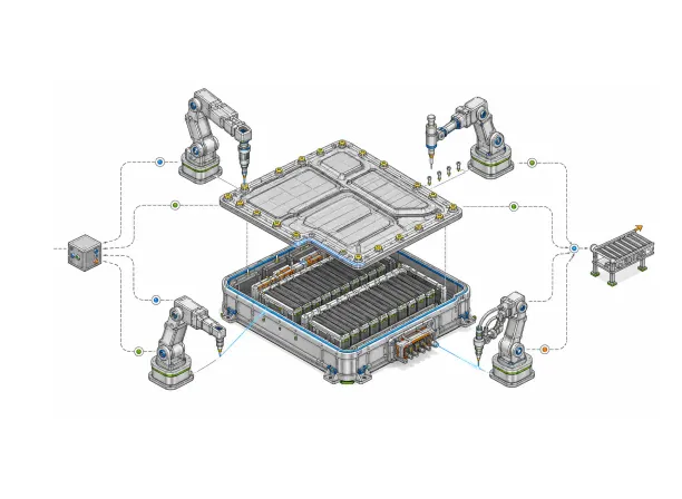 Diagram of a battery pack with its lid lifted, ringed by four robot arms, each carrying a different tool: a driver, a pin extractor, a laser and a waterjet, all feeding one outfeed conveyor