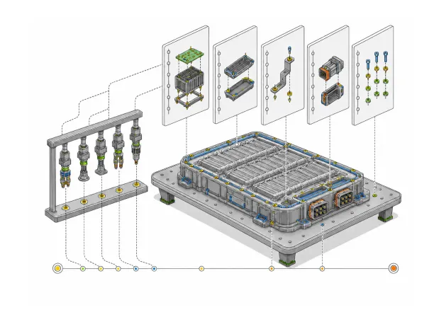 Exploded diagram of a battery pack with each disassembly step called out in sequence, from the tool rack through modules, brackets, connectors and fasteners